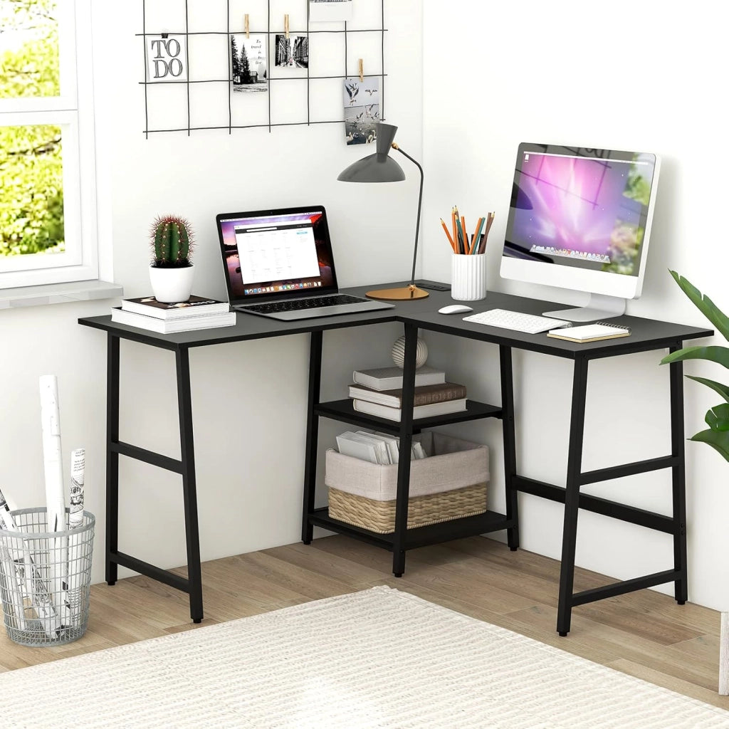 Scrivania per computer a forma di L da 120 cm, con stazione di ricarica, tavolo ad angolo con 2 ripiani aperti, scrivania per studio, ufficio (nero)