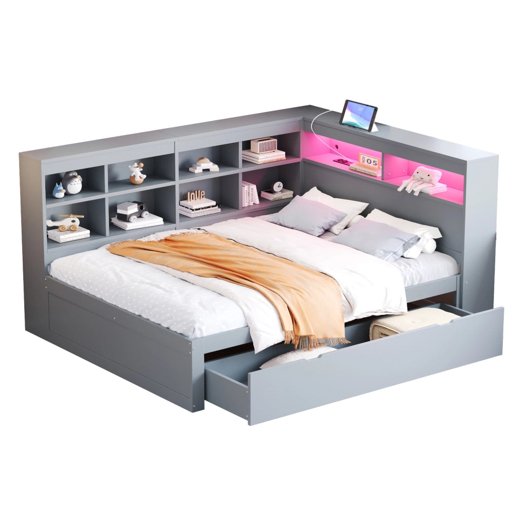 OKWISH Letto Divano 140×200 cm, Letto Matrimoniale con 2 Cassetti Grandi, USB, LED Regolabile e Mensole, senza Materasso, Legno, Grigio