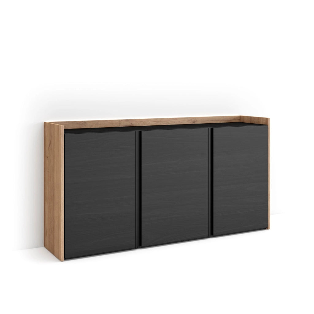 Credenza, Mobile, Cucina, 156x80x35 cm, 3 Porte, LED, Nero e rovere