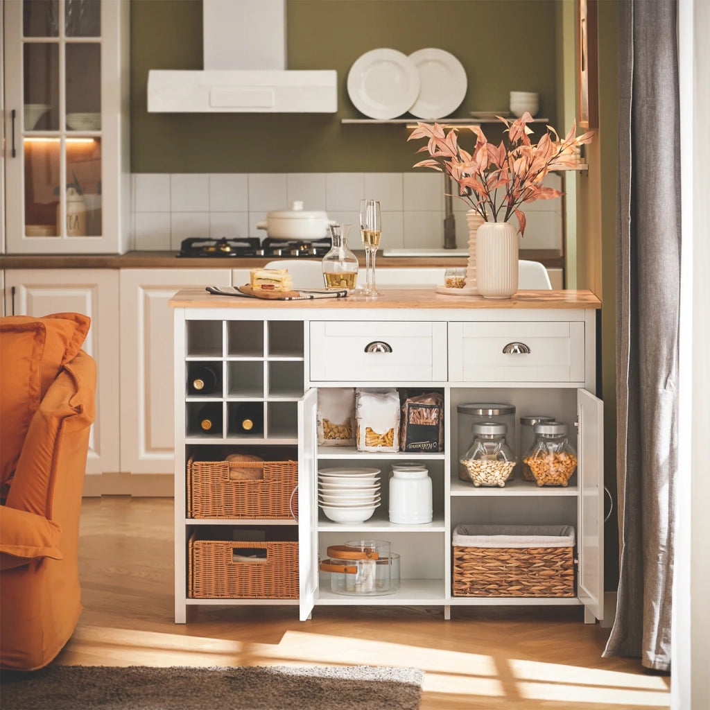 Isola Cucina Con 2 Cestelli In Rattan Mobile Da Cucina Mobile Credenza Tavolo Da Bar Buffet Bianco 120x56x90cm KNL05-W SoBuy