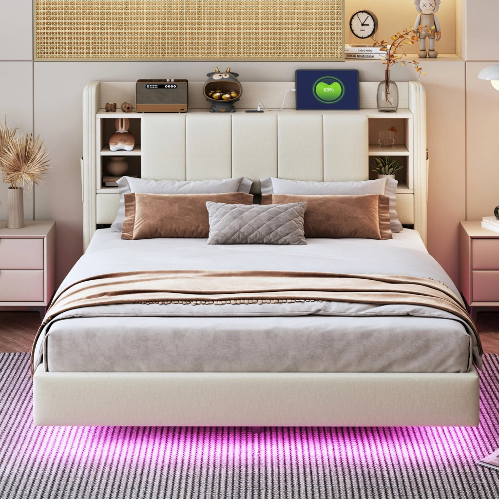 LETTO 140x200 cm Beige con LED e USB