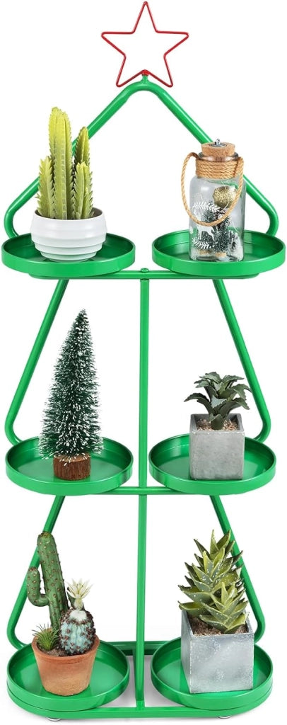 Porta Piante in Metallo, Supporto per Piante a 3 Livelli a Forma di Albero con Stella Rossa e Vassoi per Stoccaggio, Struttura in Metallo, Mensole Espositivo per Decorazioni Festive
