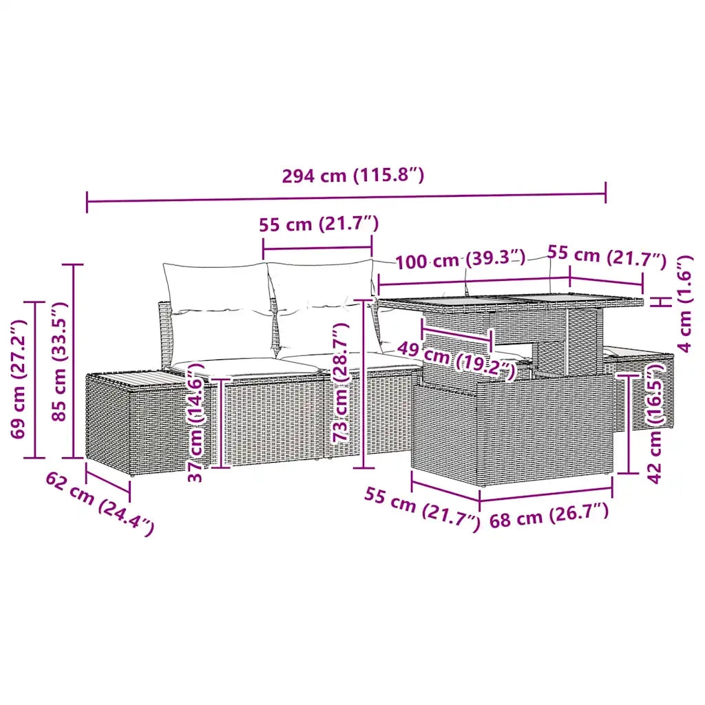 Set da Pranzo per Giardino con cuscino 5 pcs Grigio e Marrone 3350021