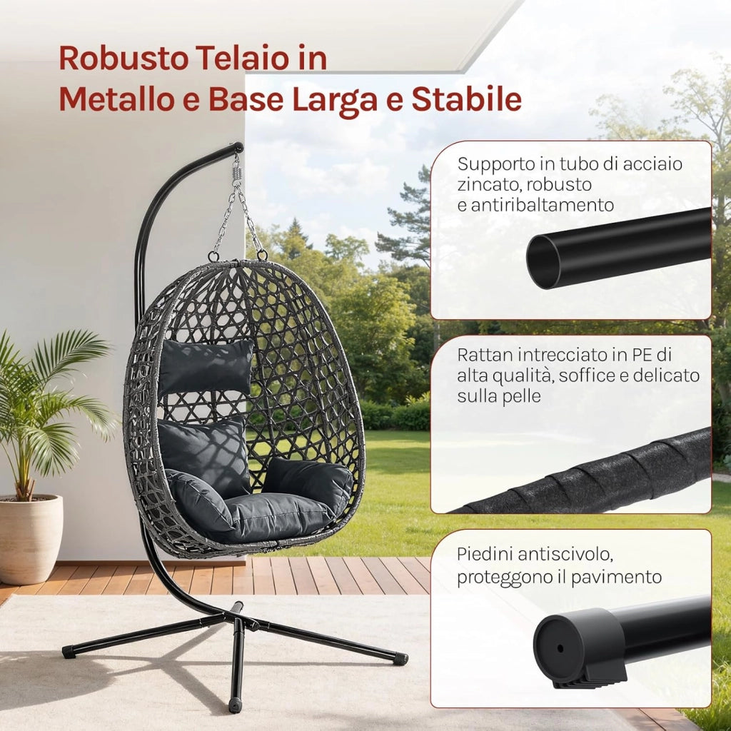 Poltrona Sospesa a Uovo, Sedia Sospesa con Supporto in Metallo, Cuscino e Poggiatesta, Altezza Regolabile, in Rattan PE, per Giardino, Terrazza, 102x100x196 cm, Grigio