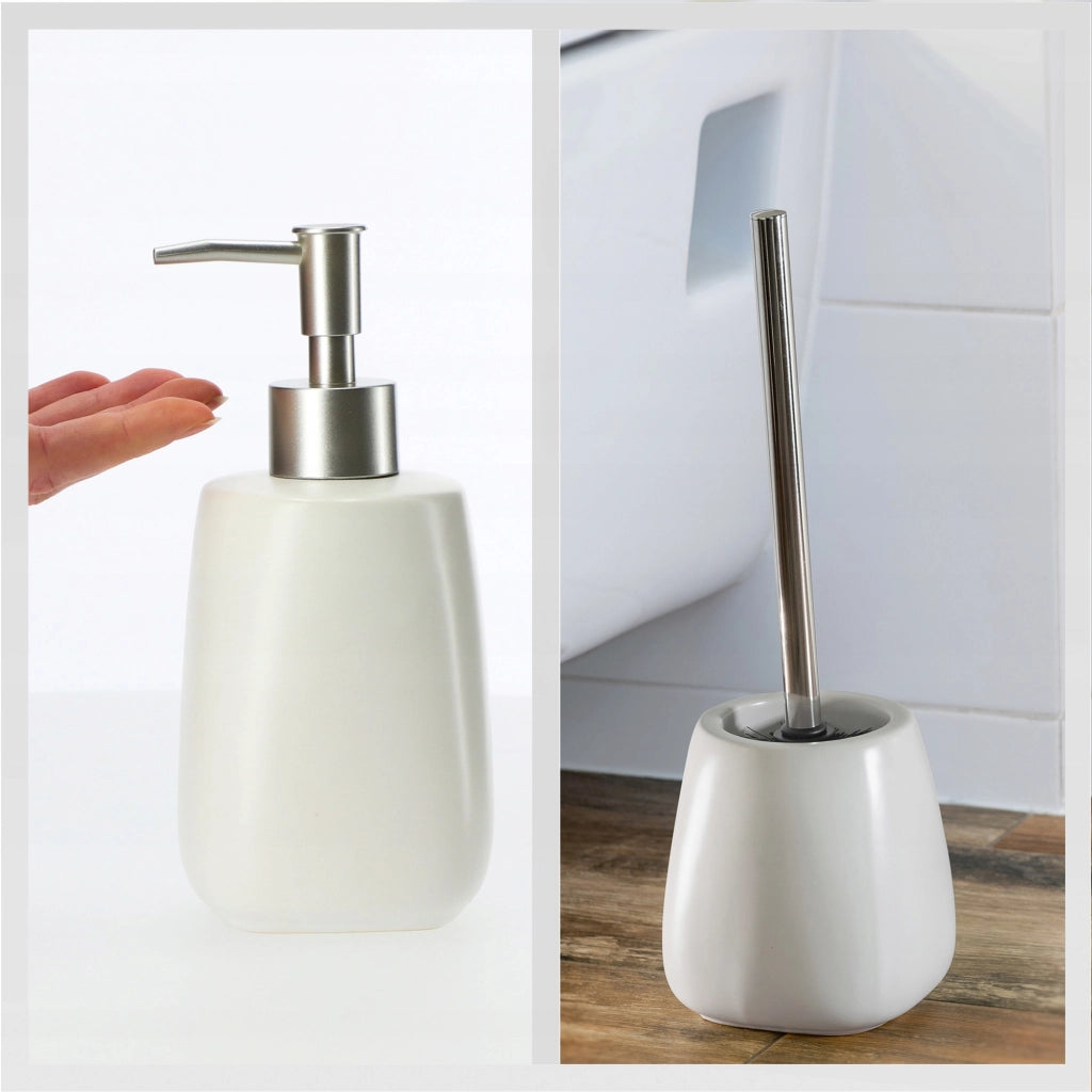 Set da bagno KADAX con dispenser di sapone per WC, spazzolino e ceramica bianca.