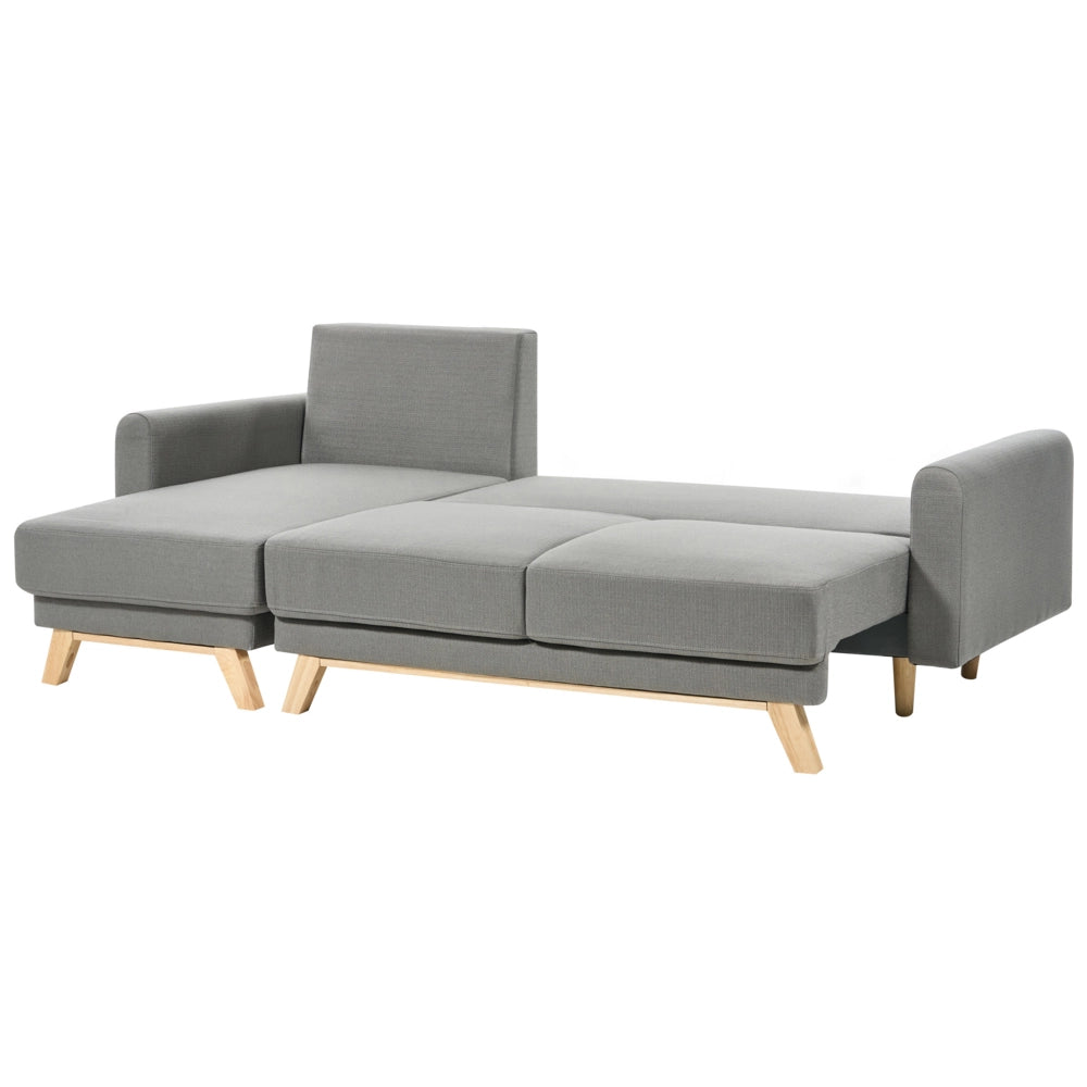 Divano angolare 3 posti destro imbottito in tessuto beige con funzione di dormiente e schienale imbottito estraibile Gambe in legno