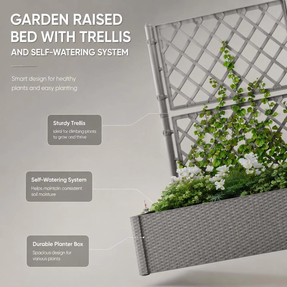 Raised Garden Bed With Trellis And Self-watering System, Grey