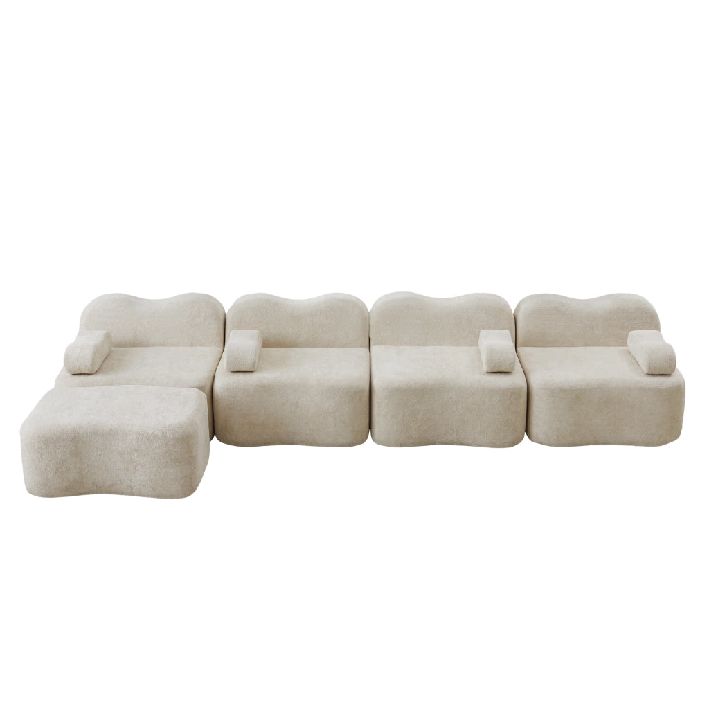 Divano modulare angolare 4 posti senza struttura con pouf, seduta profonda e braccioli mobili, in velluto beige