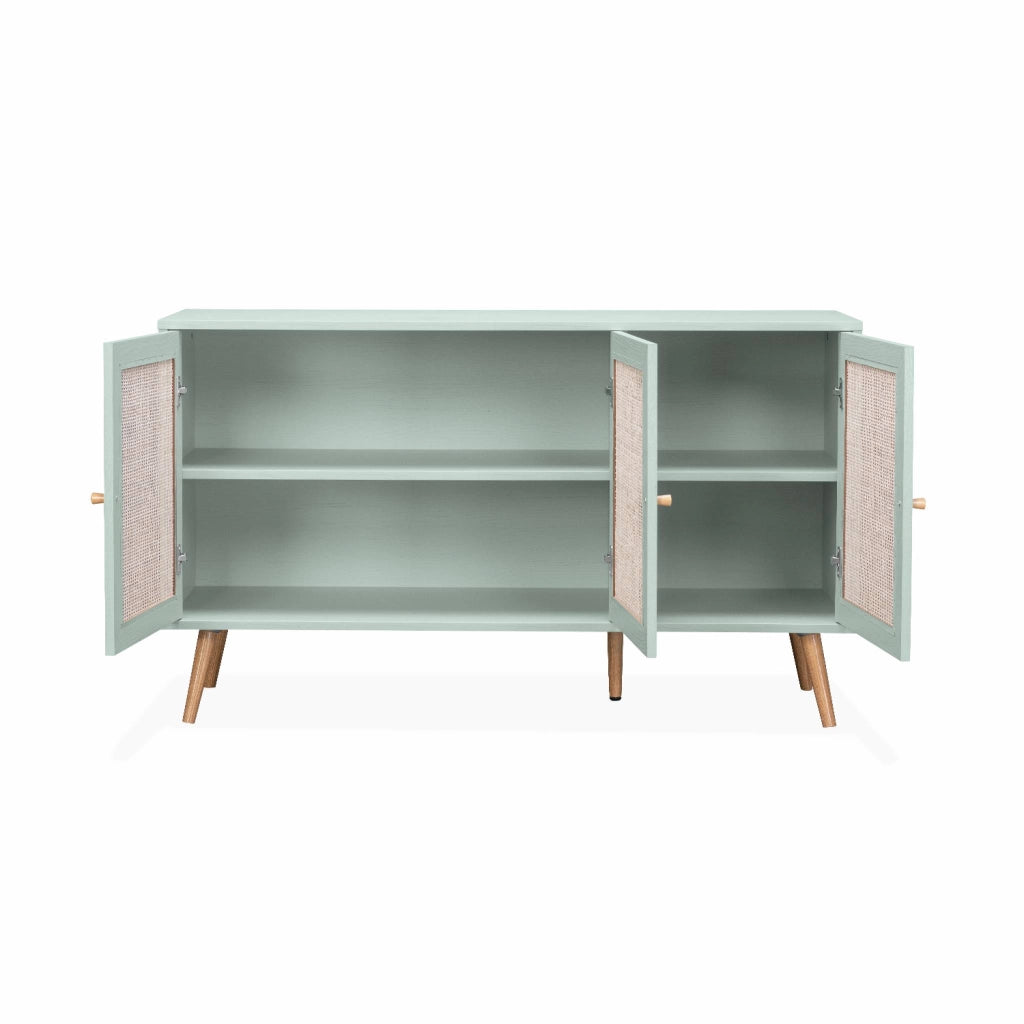 Credenza 3 ante in cannage, 120 cm, verde celadon