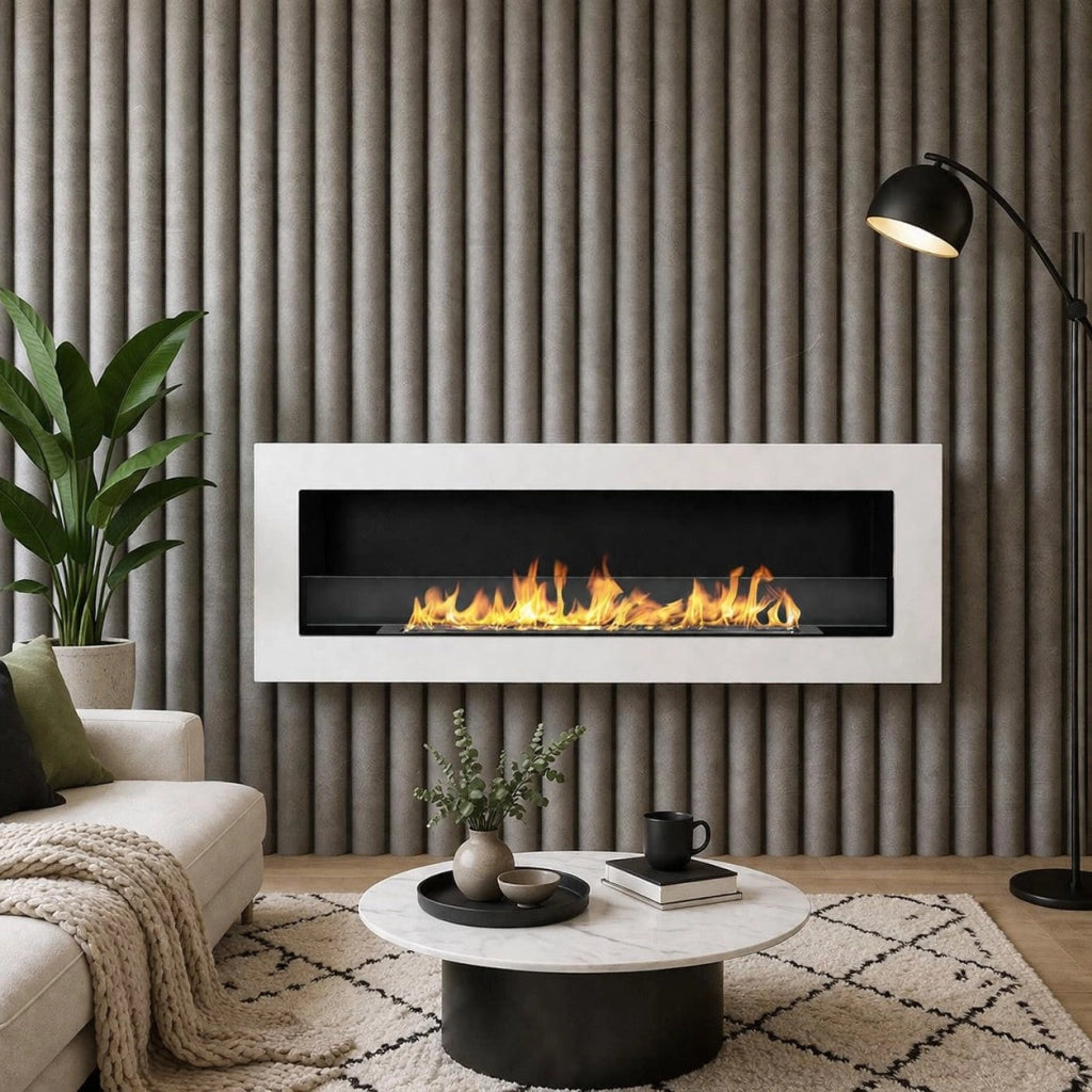 Camino a Bioetanolo da Incasso a Parete 120x15x40 cm Livorno Struttura in Acciaio Bianco
