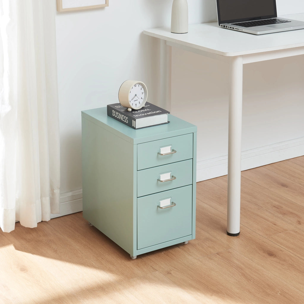 Cassettiera Kökar in Acciaio Mobile Archivio con 3 Cassetti e Rotelle - Menta Verde [en.casa]