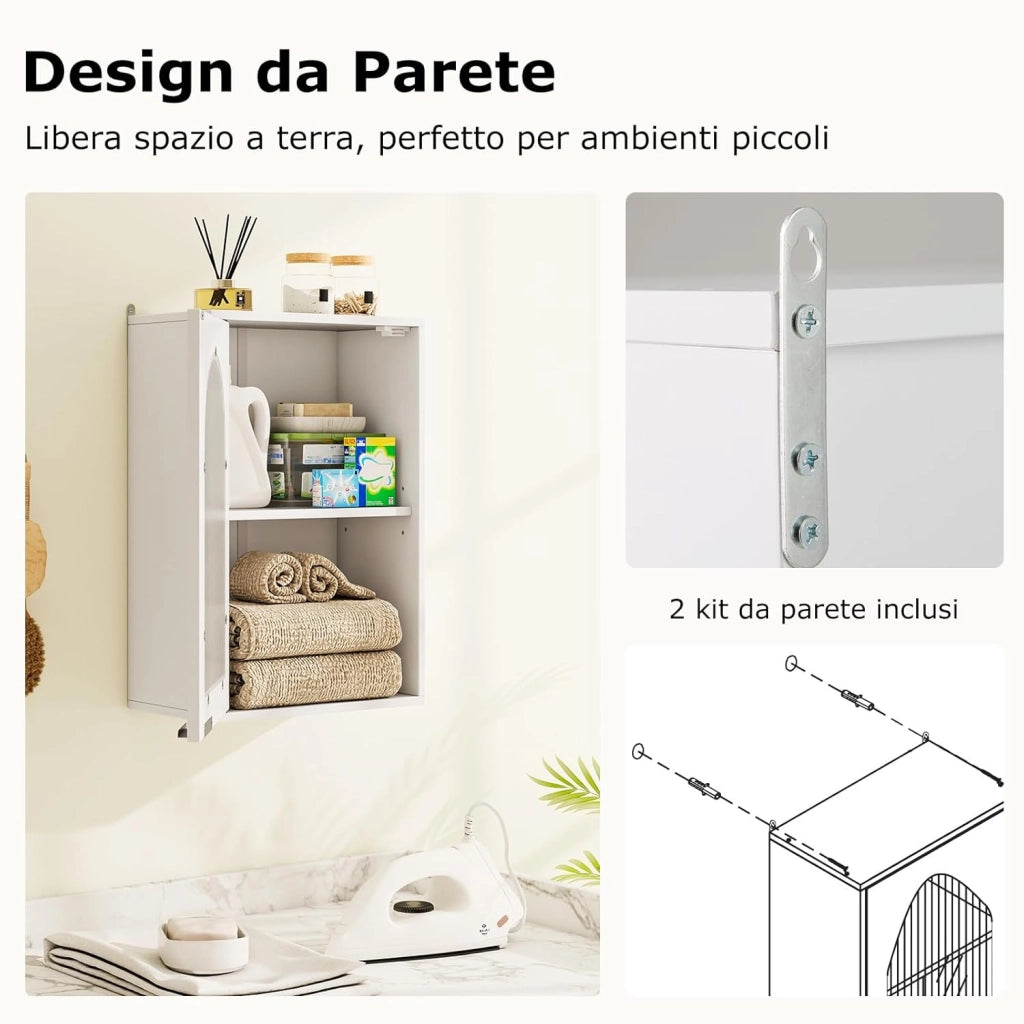 Armadietto da Parete 35 x 20 x 52,5 cm, Mobiletto Salvaspazio con Porta in Vetro Temperato e Ripiano Regolabile, Mobile Cucina per Lavanderia, Soggiorno e Bagno