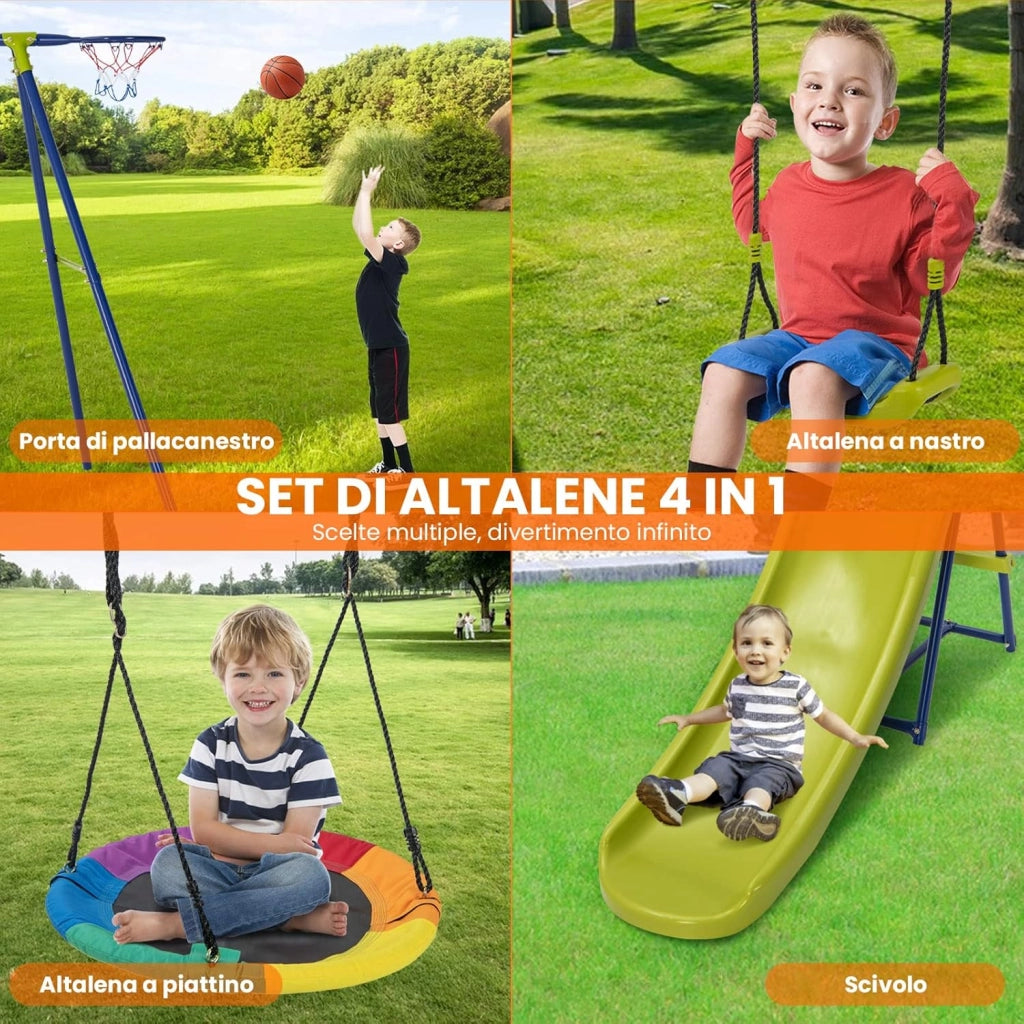 4 in 1 Set di Altalena da Giardino per Bambini con Scivolo, Canestro Basket, Altalena a Nido, Altalena con Sedile, Corde Regolabili e Struttura in Metallo, per Interno ed Esterno