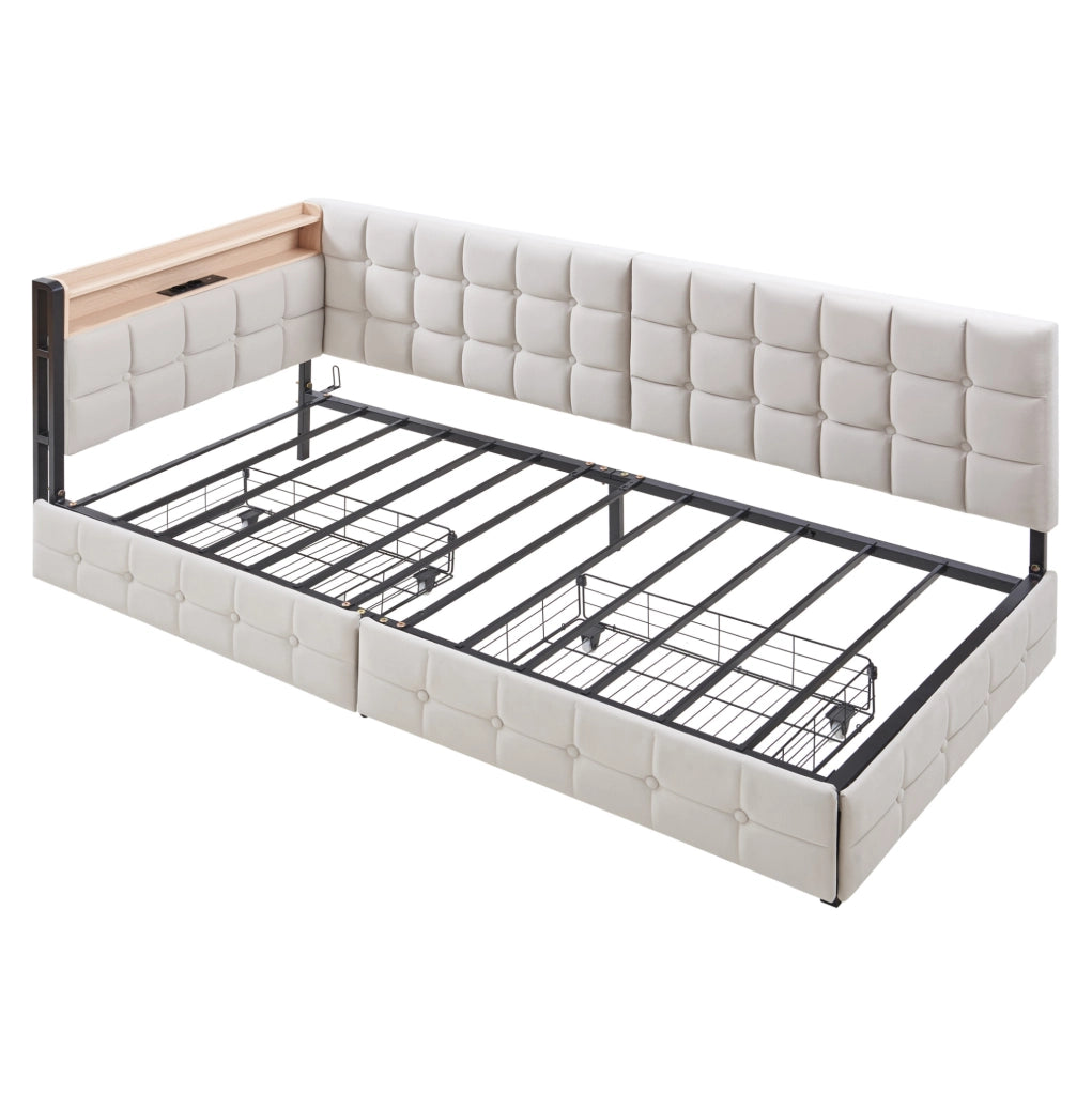 Divano letto 90x200 cm con 2 cassetti; LED e porte USB/Tipo-C in tessuto beige