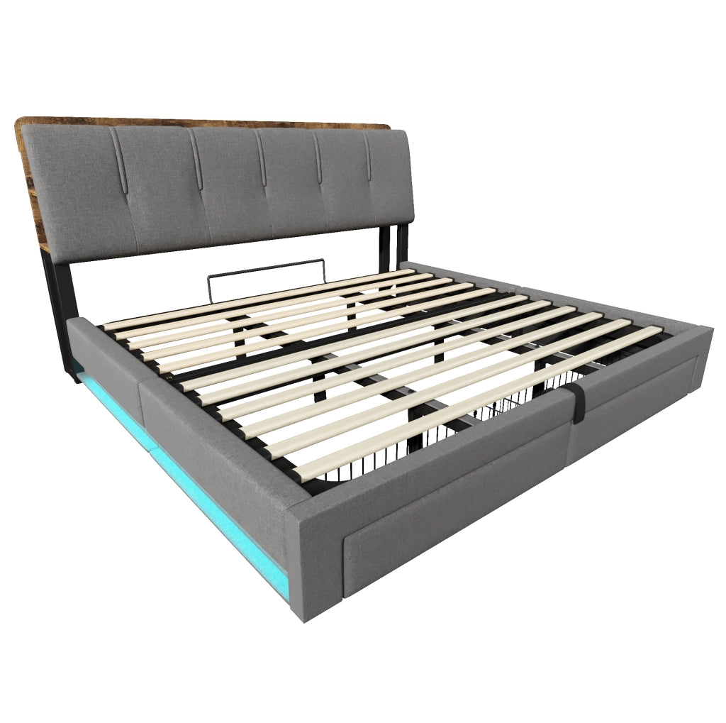 Letto matrimoniale imbottito ULEVR 180x200 cm con contenitore idraulico, LED, USB e Type-C, lino grigio