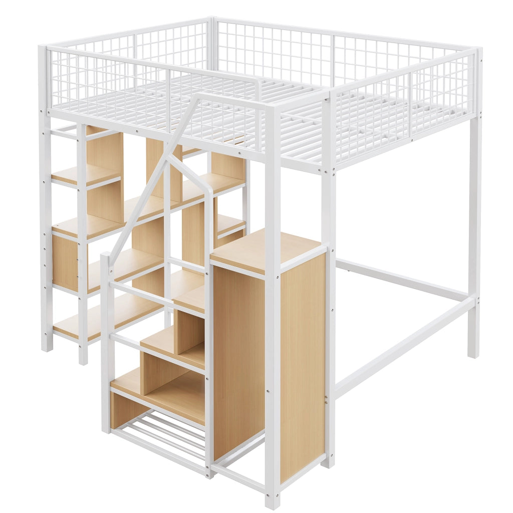 Letto a Soppalco 140×200 cm; Letto Matrimoniale con Scala Contenitore; Ripiani e Spazio Sotto; senza Materasso