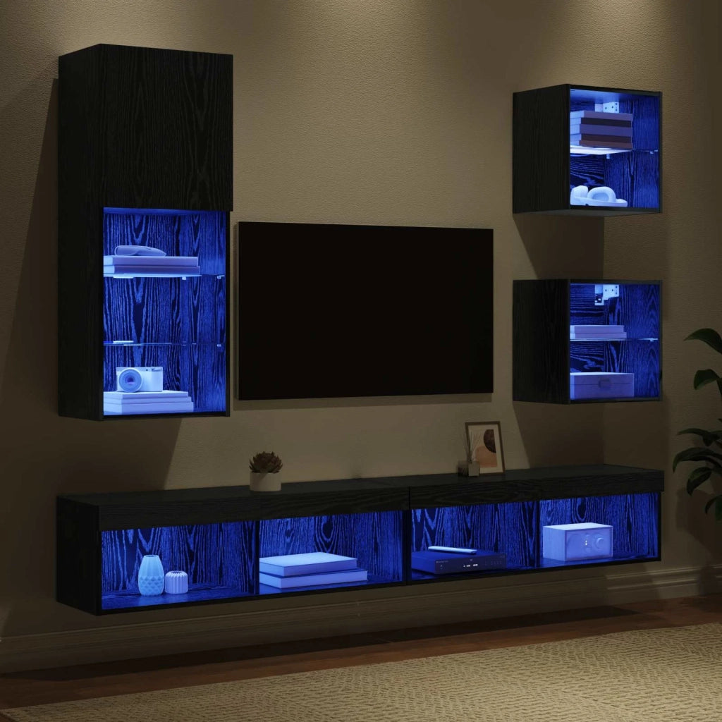 Unità a muro per TV con LED 5 pcs Rovere Nero Legno multistrato
