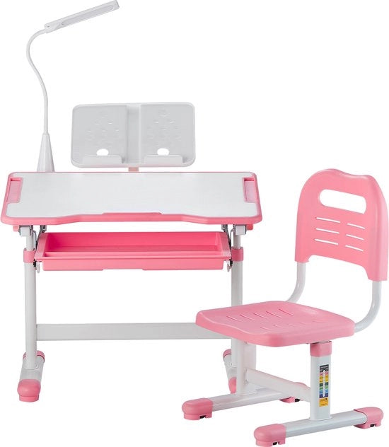 Set di Scrivania e Sedia per Bambini con Lampada, Piatto di Scrivania Rottore (0-40°), Regolazione di Altezza, Ideale per Camere da Letto e Posti di Lavoro, Rosa