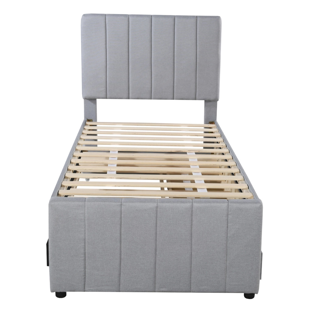 Letto singolo imbottito ULEVR 90x200 cm con letto estraibile 90x190 e 3 cassetti, tessuto grigio