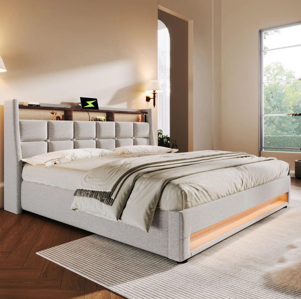 Letto matrimoniale imbottito 140x200 cm con USB; LED e contenitore; lino beige