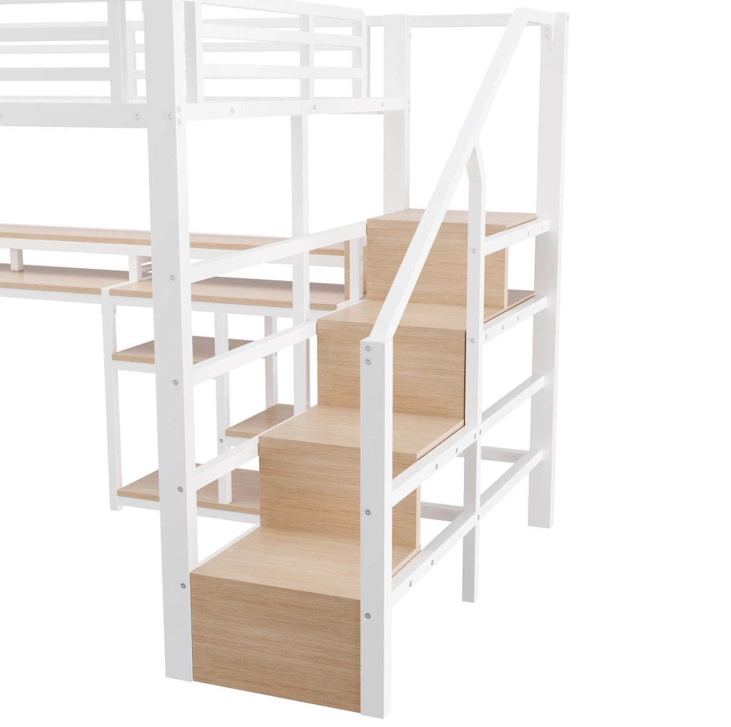 Letto a soppalco 140x200 cm in metallo e MDF; con scala armadio; LED e porte USB; bianco