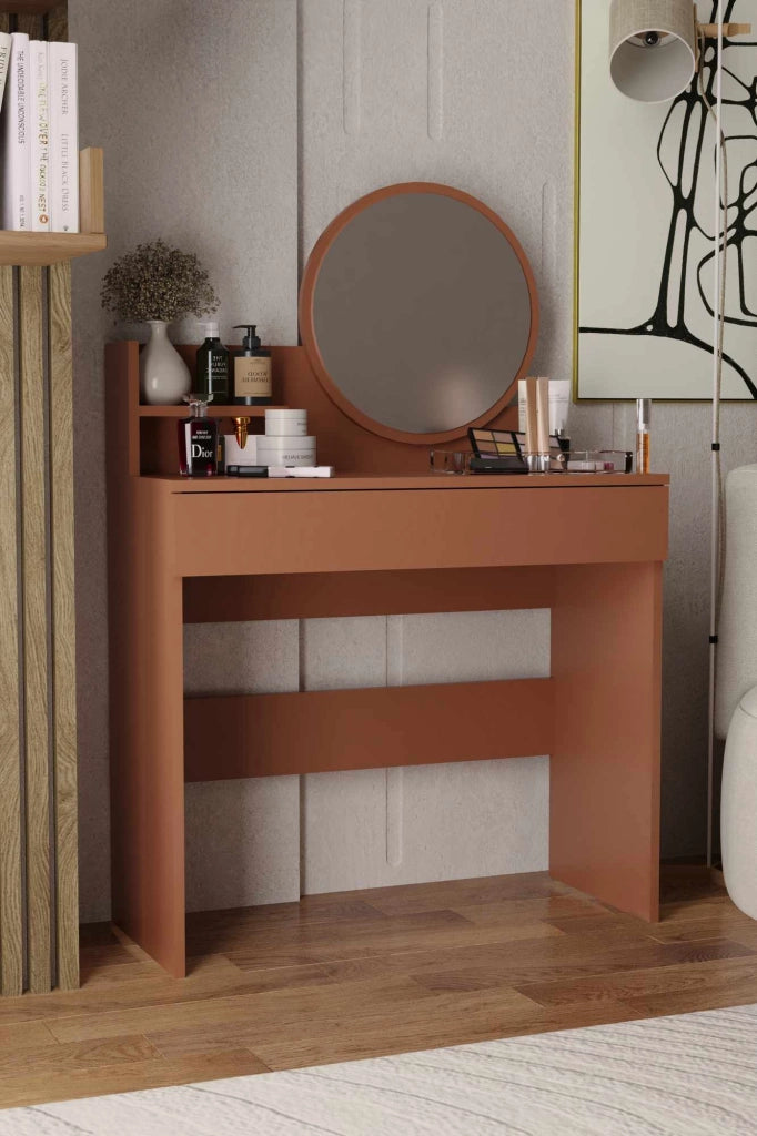 Comodino "Harmony Mini Round" con specchio in legno - 90 x 40 x 133 cm - Terracotta