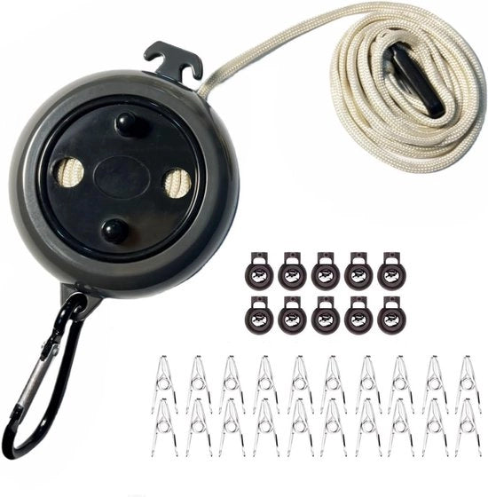 Asciugamano retrattile 10 m con 10 ganci fissi e 20 pinze per stendere asciugamani nero