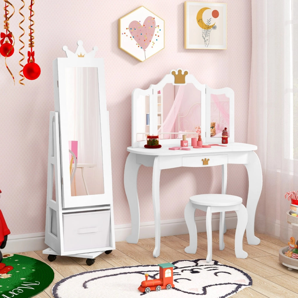 Armadio gioielli per bambini con base girevole, Specchio da trucco per bambini con spazio di stoccaggio Bianco-Armadietti per gioielli