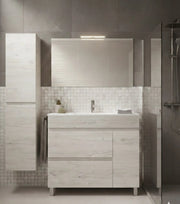 Mobile Bagno FENRIR Già Montato 2 cassetti e porta con piedini, lavabo e specchio Bianco nordico 80x45 cm con colonna