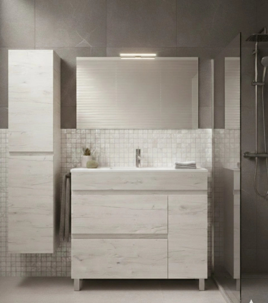Mobile Bagno FENRIR Già Montato 2 cassetti e porta con piedini, lavabo e specchio Bianco nordico 80x45 cm con colonna