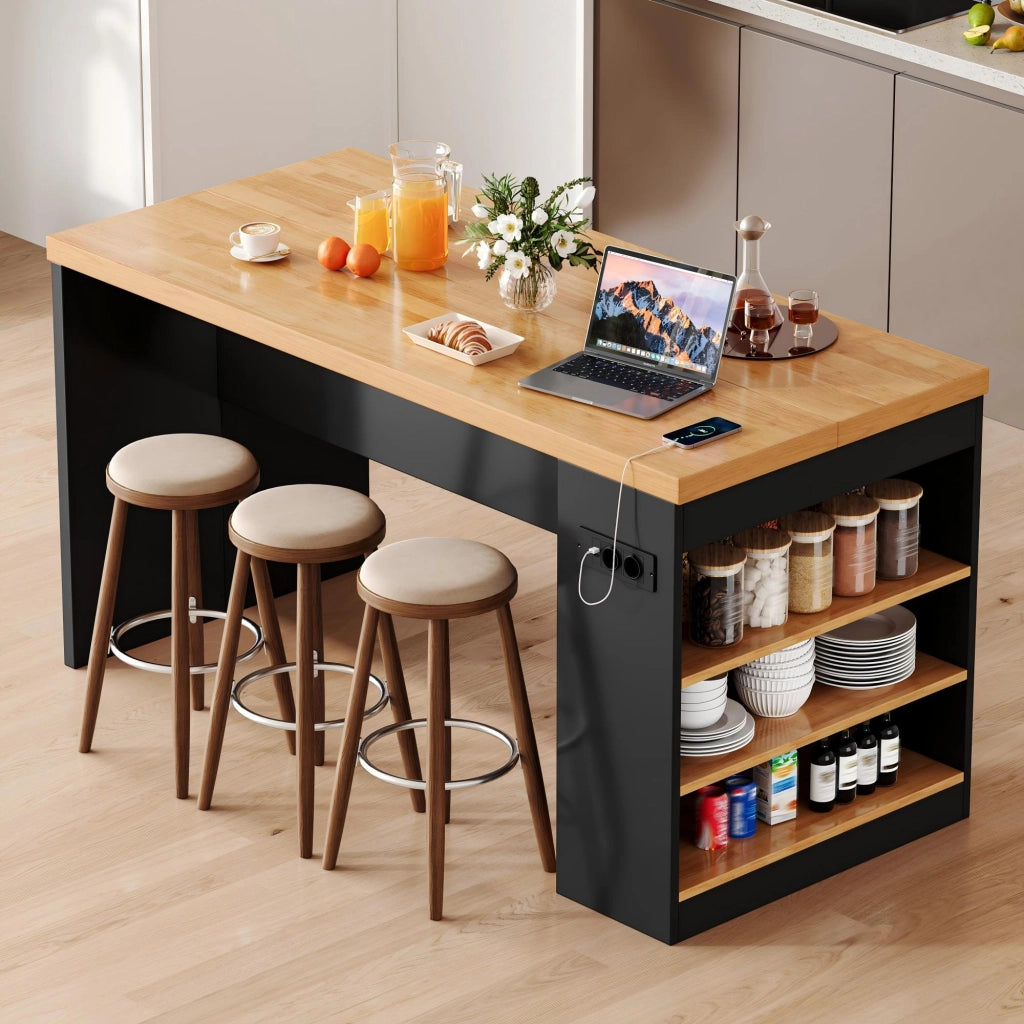 Isola cucina 155x80x90 cm con illuminazione LED, prese AC e USB, piano 40 mm, 3 ripiani aperti, colore Black+Natural