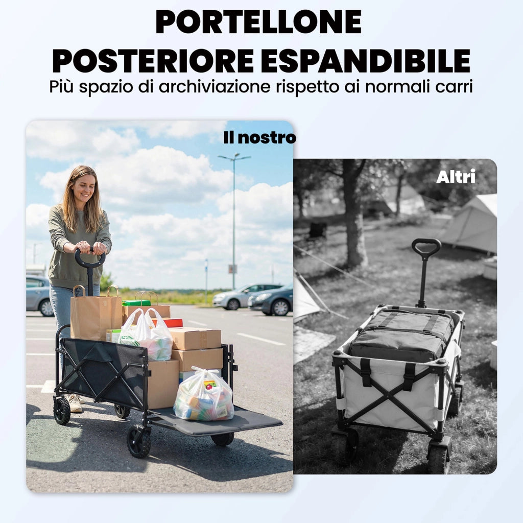 Carrello da esterno 114x46x92 cm Capacità 72L Pieghevole con Manico Regolabile in Acciaio e Tessuto Oxford Nero