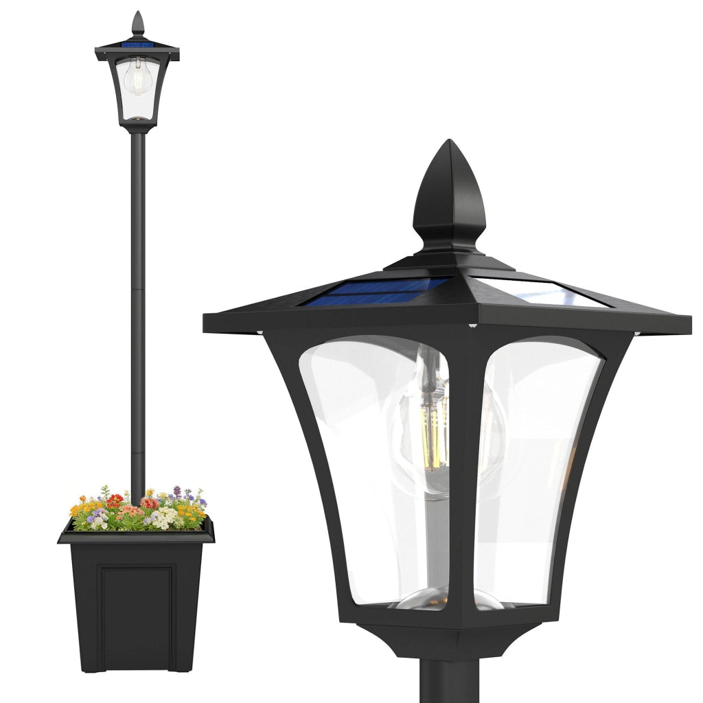 Lampione Solare da Esterno con Fioriera in Alluminio Nero Impermeabile Lampada da Giardino Vintage Altezza 160 cm