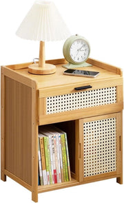 Nachtkastello di legno rattan con tavola aperta, cassetto e porta - Stile rurale cassettone boho per camera da letto e soggiorno.
