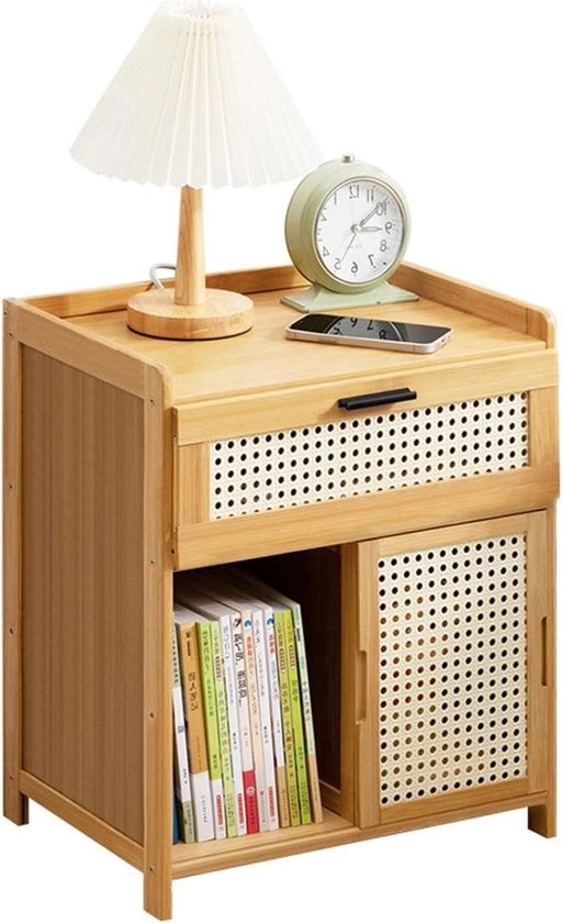 Nachtkastello di legno rattan con tavola aperta, cassetto e porta - Stile rurale cassettone boho per camera da letto e soggiorno.