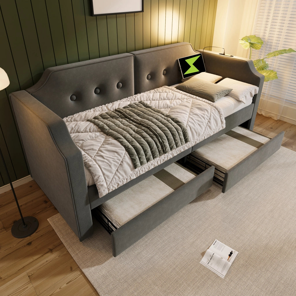 LETTO 90x200 cm in velluto grigio con 2 cassetti, USB Type-C e lampada da lettura