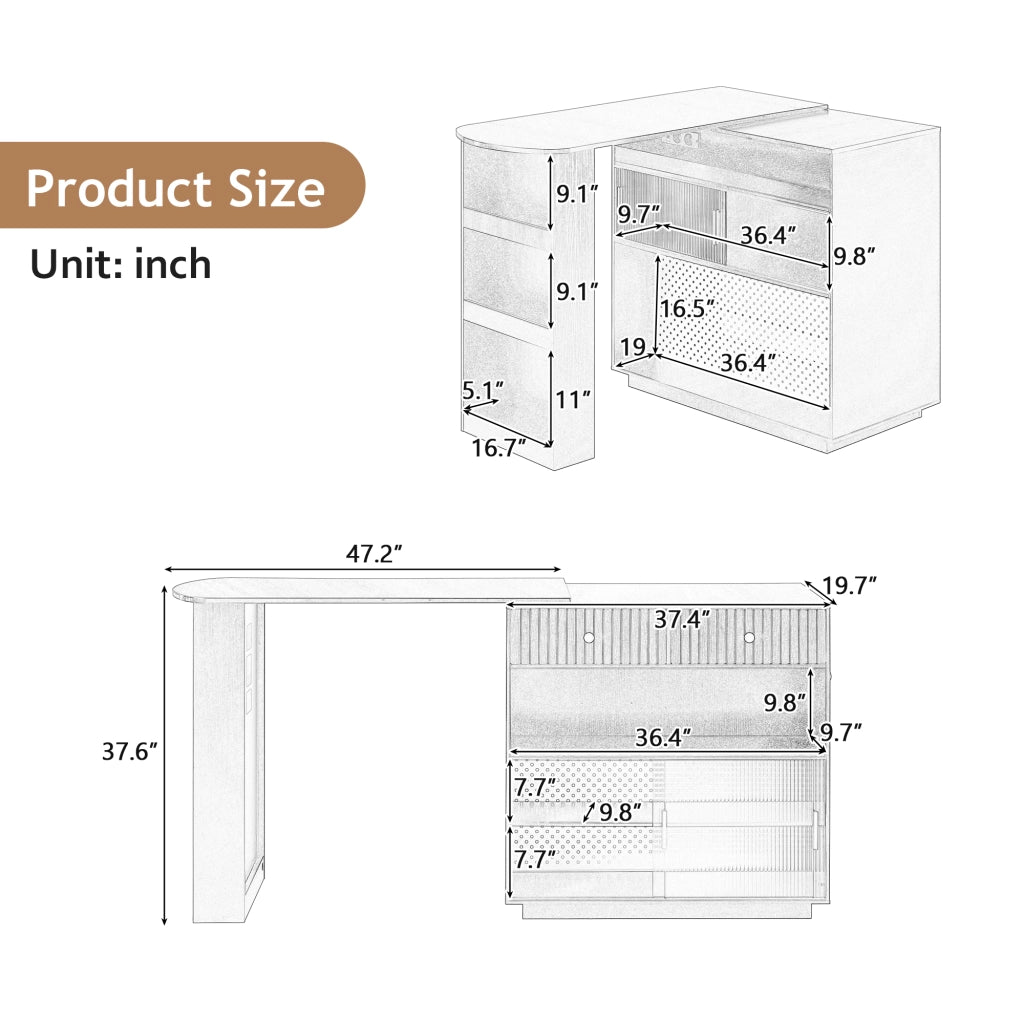 Mobile Bar Estensibile e Girevole con Vani Contenitori; LED e Porte USB e Type C per Cucina; MDF; Bianco; 120 x 50 x 95;5 cm