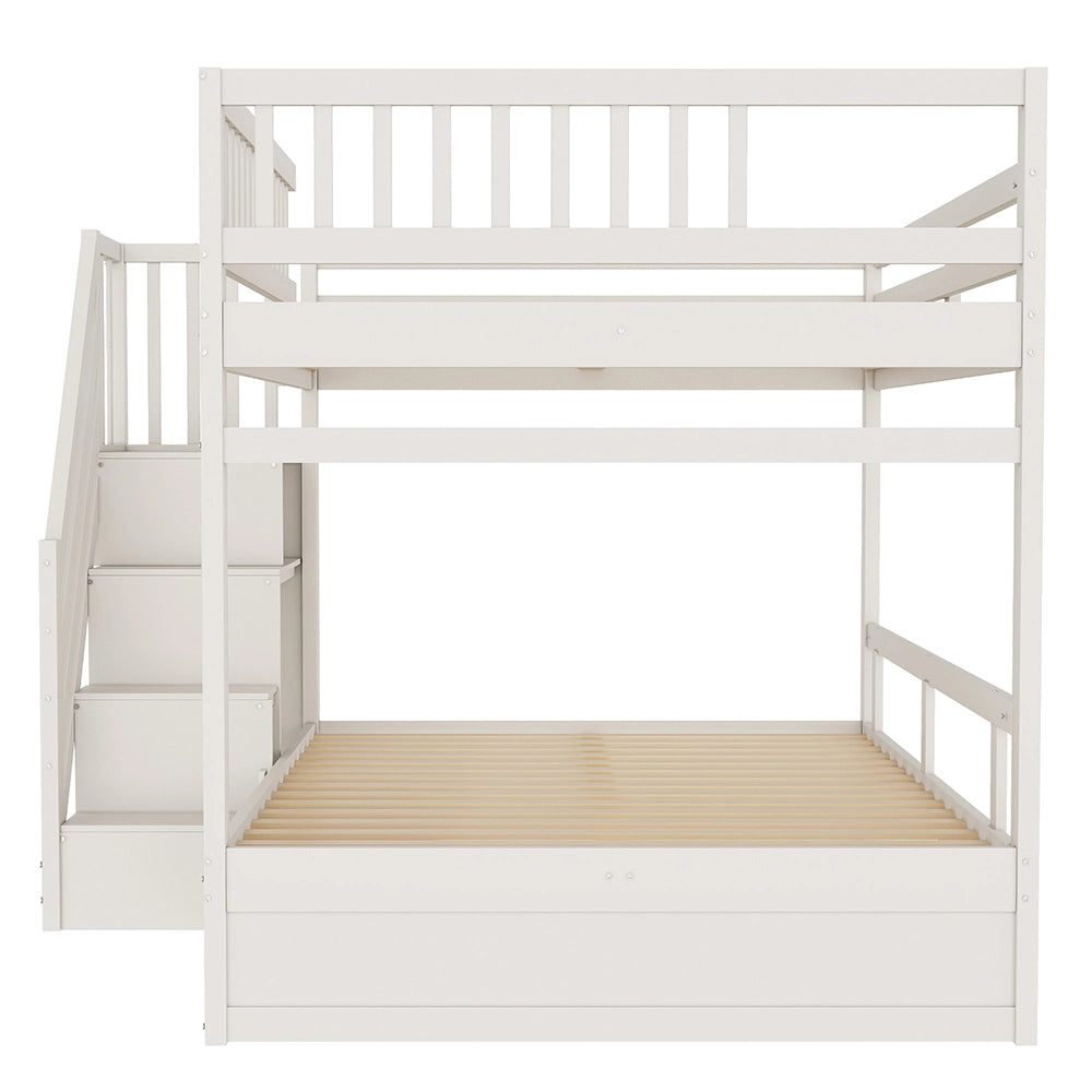Letto a castello massiccio 140x200cm - Xylo - bianco, scala con ripiani, cassetti, EN747