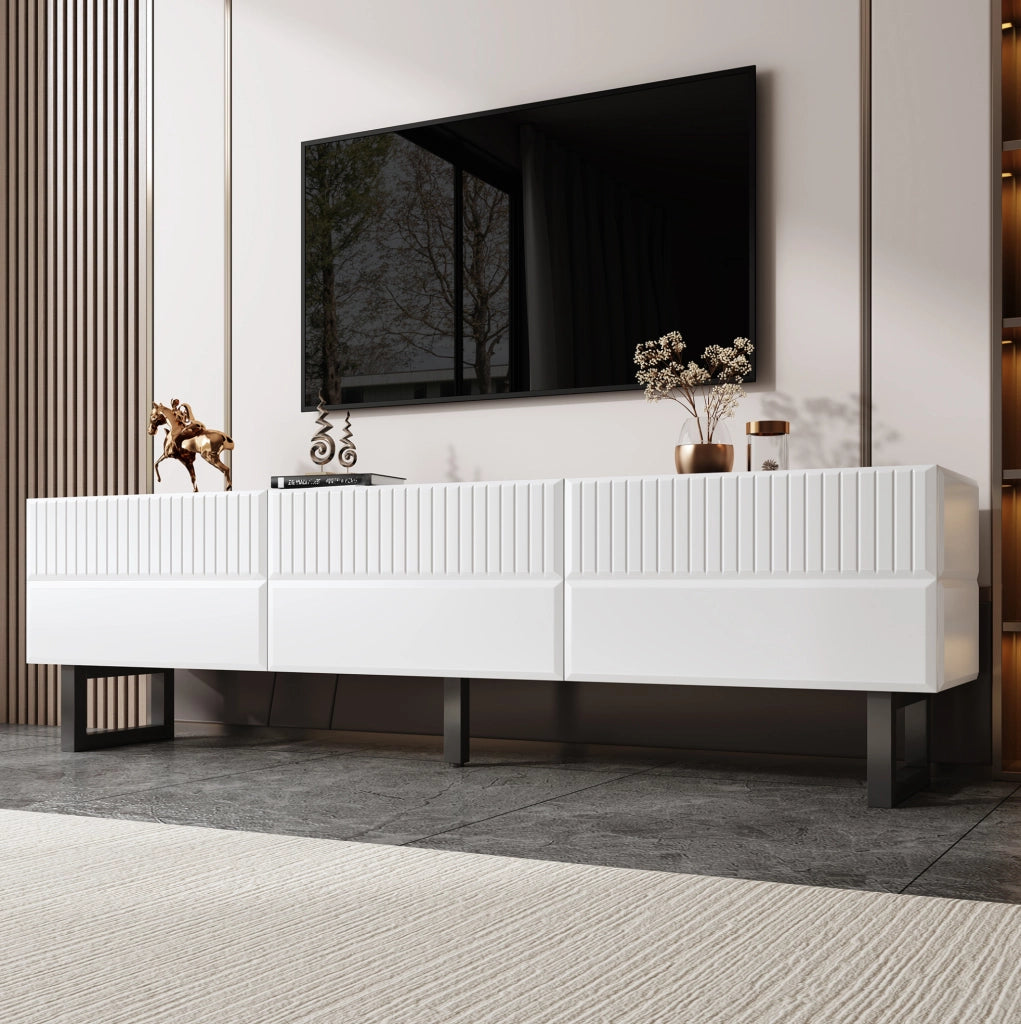 Mobile TV ULEVR 170x35x47 cm con 3 cassetti e gambe in ferro, nero e bianco