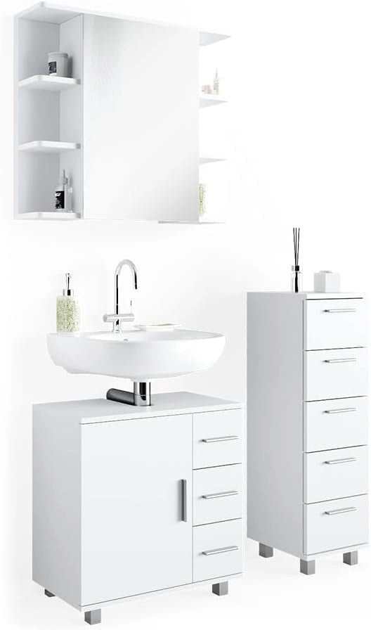 Set mobili bagno Ilias, Bianco, 60 cm, composto da mobile sottolavabo, specchiera e mobile medio