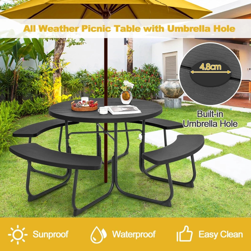 Set da Giardino e Picnic per 8 Persone, Tavolo Rotondo con 4 Panche Integrate, Tavolo da Birra in HDPE Impermeabile con Foro per Ombrellone, Arredamento da Esterno per Giardino e Terrazzo
