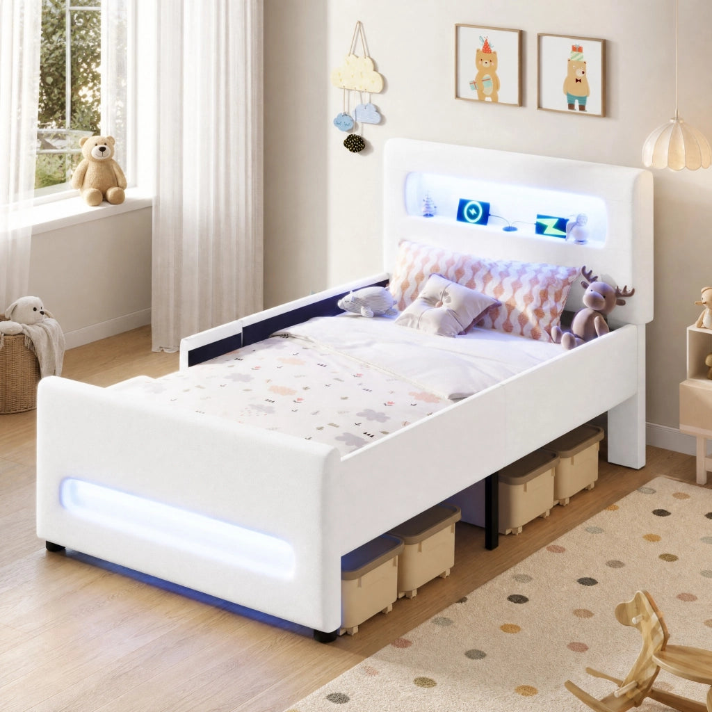 DESMIU Letto singolo 90 × 200 cm con cassetto, luce LED, senza materasso, in PU e MDF, bianco