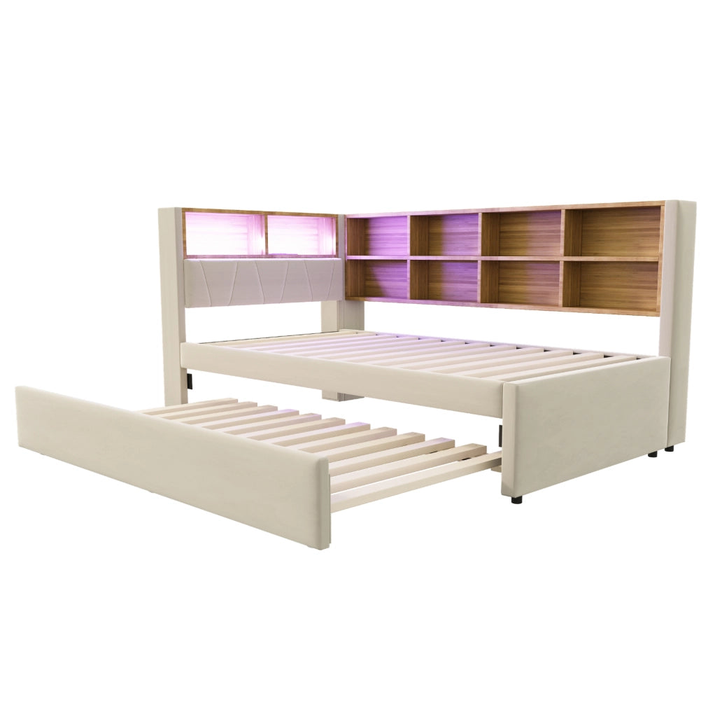 Divano letto multifunzionale con LED, prese e ampio spazio contenitivo