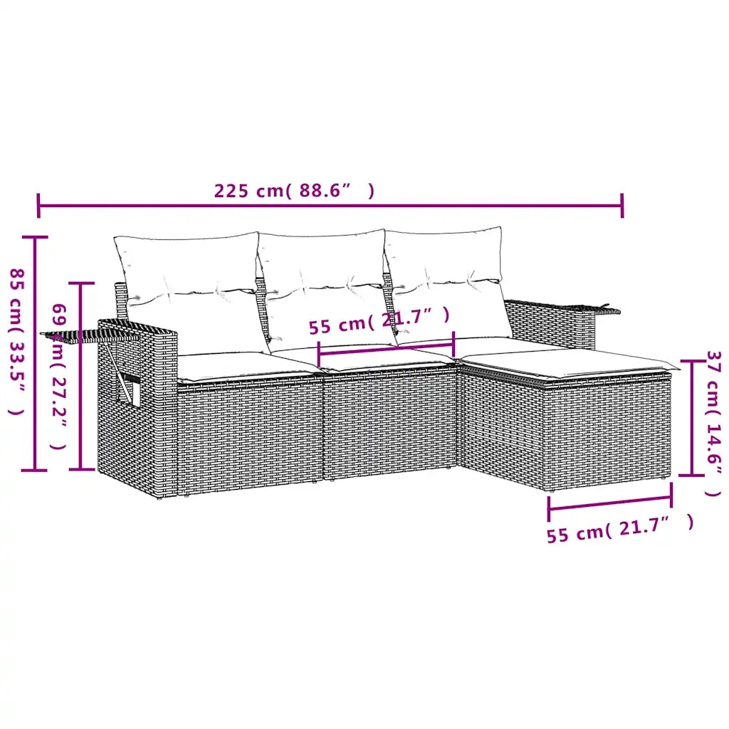 Set Divano da Giardino 4pz con Cuscini Grigio Chiaro Polyrattan