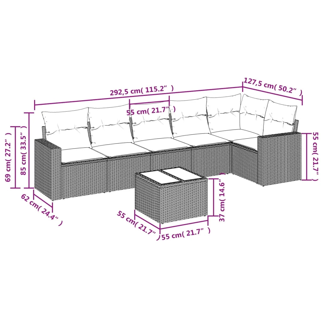 Set Divani da Giardino 7pz con Cuscini Grigio Chiaro Polyrattan