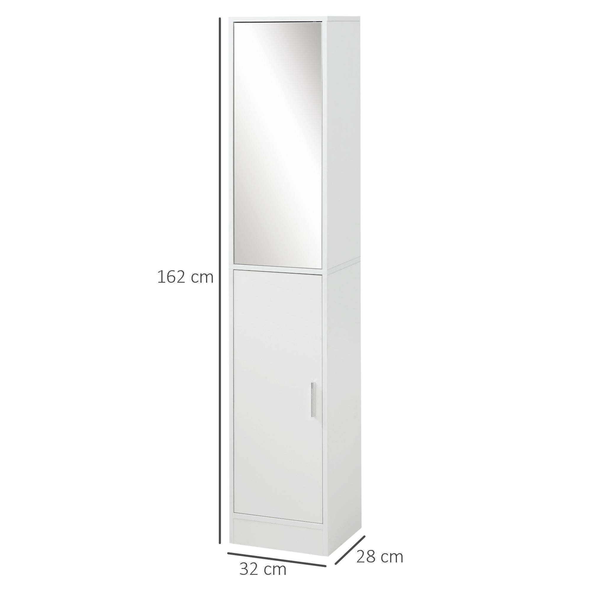 Mobile a Colonna Bagno 32x28x162 cm con Anta Superiore a Specchio Rivestimento in Melamina Bianco