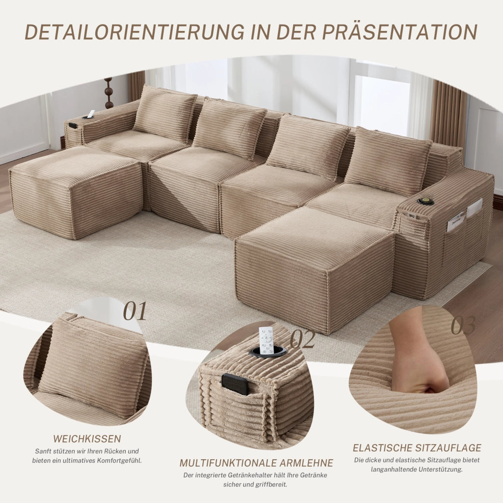 Divano modulare 4 posti con portabicchieri, tasche laterali e 2 pouf, in tessuto corduroy khaki