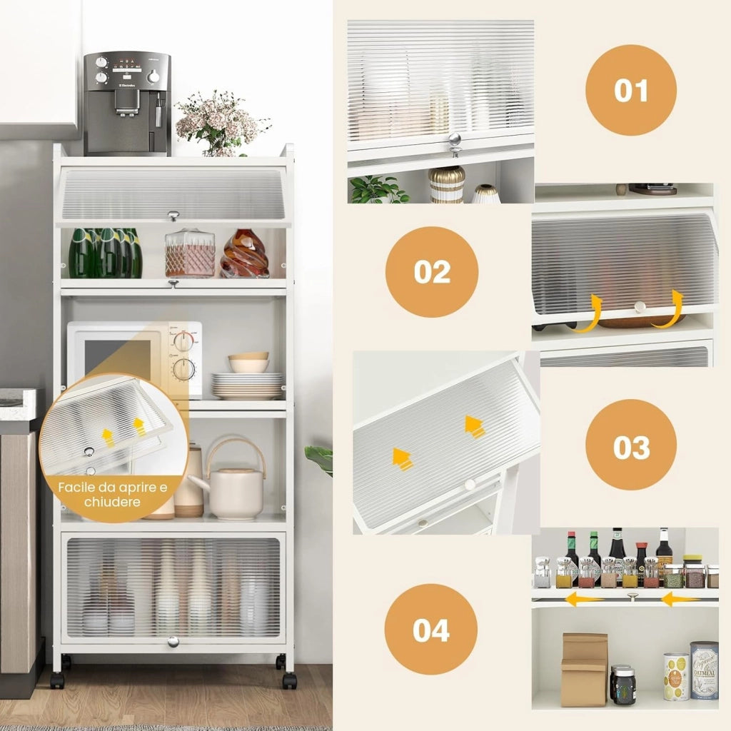 Mobile Dispensa Cucina a 5 Livelli, Mensola Microonde con Anta a Vista, Ruote, Dispositivo Antiribaltamento, Scaffale da Cucina in Ferro per Soggiorno, Sala da Pranzo, 60x32x154cm (Bianco)