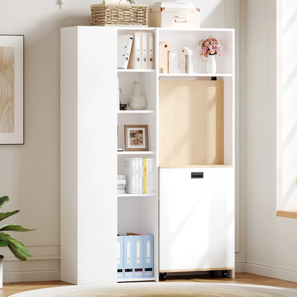 Scrivania pieghevole multifunzionale con libreria integrata, presa EU e USB, MDF bianco 104,5 × 30,5 × 160 cm