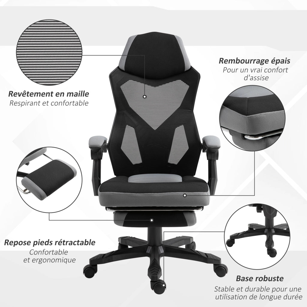 Sedia da ufficio gaming ¨C Minimal ¨C regolabile in altezza, schienale in rete, ruote girevoli, poggiapiedi, grigio nero